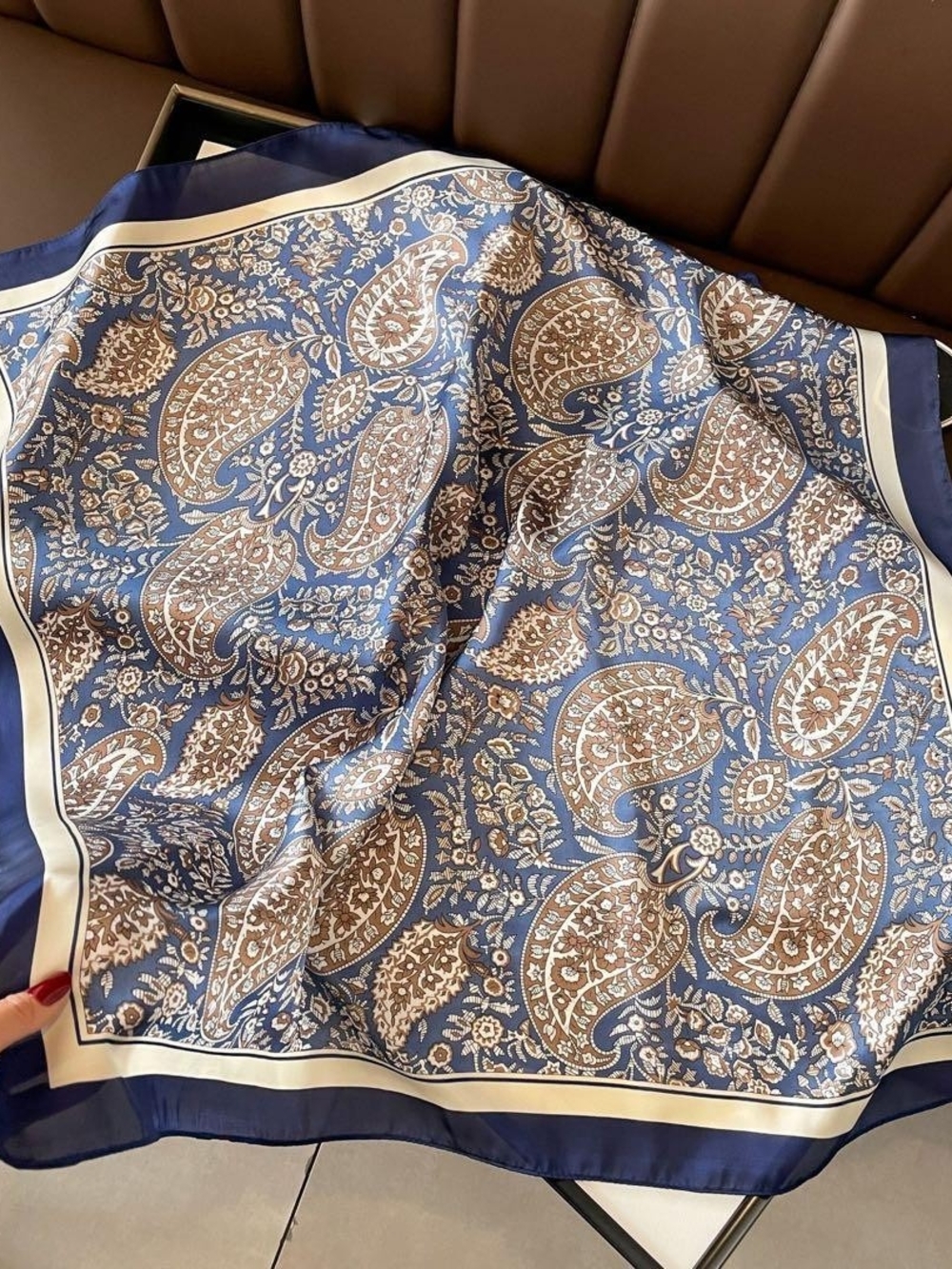 Silk-feel Blue and Brown Paisley Head , Neck Scarf 70*70cm - Picture 4 of 4